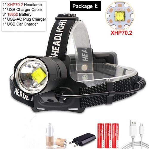6000k-White Light - Lampe Frontale Led (Xhp70.2), Phare Led 000lm, Lampe Torche Rechargeable Usb, Avec 3 Piles X 18650, Jaune Et Blanc, Zoom, Pêche Et Camping