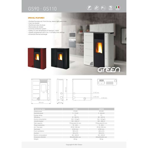 Poêle à pellet "Green S 90", 9 kW, Slim 26 cm - blanc