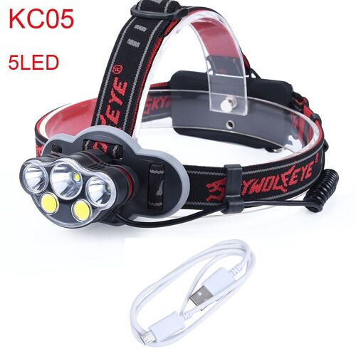 Kc05 Headlamp - Lampe Frontale T6 + Cob Rouge, Rechargeable Par Usb, 8 Modes D'éclairage, Lampe Torche + Batterie 18650, 50000lm