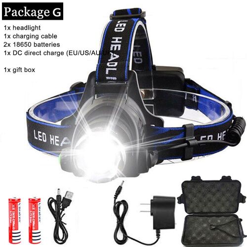 Lampe Frontale Puissante Avec Capteur T6, 8000lumens, Lampe-Torche, 2 Piles 18650 Intégrées, Pour Le Camping Et La Pêche