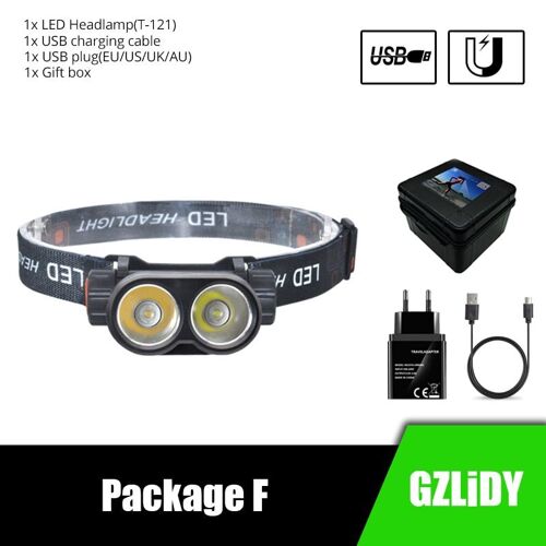 Emballage F - Lampe Frontale À Led Xpe, Alimentée Par Usb, Rechargeable, Imperméable, Très Lumineuse, Avec Aimant, Idéale Pour La Pêche