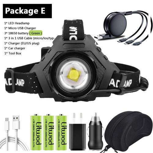 Xhp100 - Lampe Frontale À Led, Avec Batterie D'alimentation 7800mah, Lampe Torche, 3 Pièces, Batterie Rechargeable Usb 18650, Zoomable
