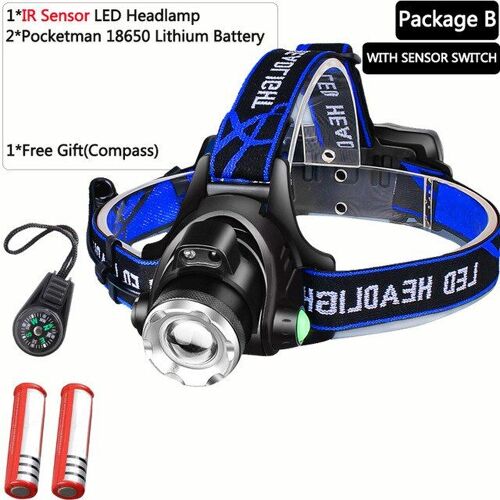 Avec Capteur-B - V6-68000lm - Lampe Frontale À Led 18000 Lumens , 3 Modes D'éclairage Avec Fonction Zoom, Étanche, Super Lumineux, Alimentée Par 2 Batteries 18650