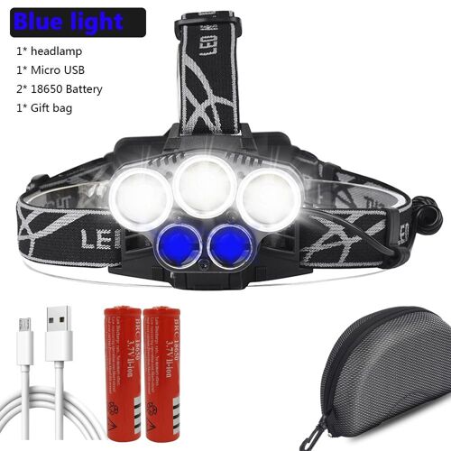 Puissant 5 Led Phare Phare Micro Usb Rechargeable 18650 Batterie Tête Lampe De Poche Lampe Torche Blanc Et Bleu Lumière Pour La Pêche