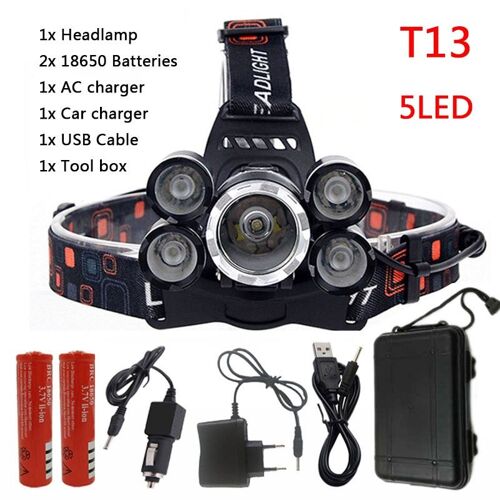 Lampe Frontale À 5 Led Cree Xml T6, Rechargeable, 8000 Lumens, Haute Puissance, Lampe Torche, 18650
