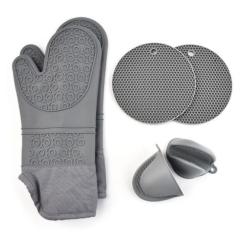 Ensemble de gants de four extra longs et de maniques : gants de four en silicone gris résistant à la chaleur, lot de 6 MNS