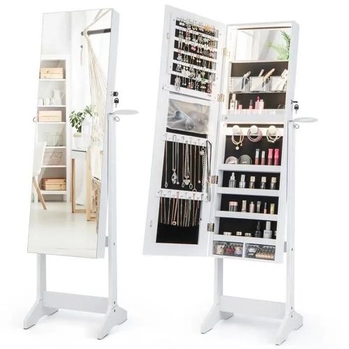 COSTWAY Armoire à Bijoux sur Pied avec Miroir Pleine Longueur et LED 3 Couleurs, Verrouillable, pour Chambre, Vestiaire, Blanc