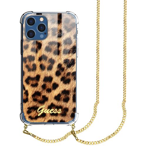 Coque iPhone 12 Pro Max avec Chaîne de Cou Motif Léopard Guess Orange