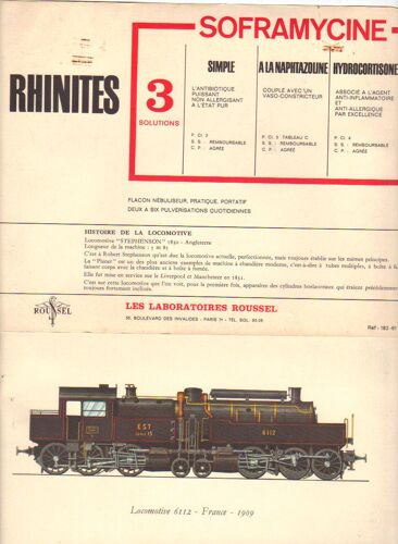Prospectus Publicitaire Pour Soframycine Rhinites, Avec Au Dos L'histoire Des Locomotives