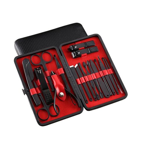 Mettre La Table - Kit De Manucure Multifonction, Kit De Toilettage, Coupe-Ongles Avec Étui En Cuir De Voyage, En Acier Inoxydable, Noir, 18 Pièces 