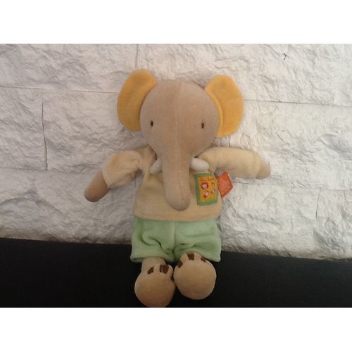 Doudou Éléphant Beige Vert Jaune Les Loustics 27 Cm Moulin Roty