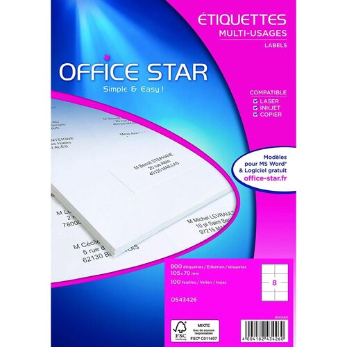 Office Star Lot De 5 Boites De 800 Étiquettes Multi-Usage Blanches 105x70mm Os43426