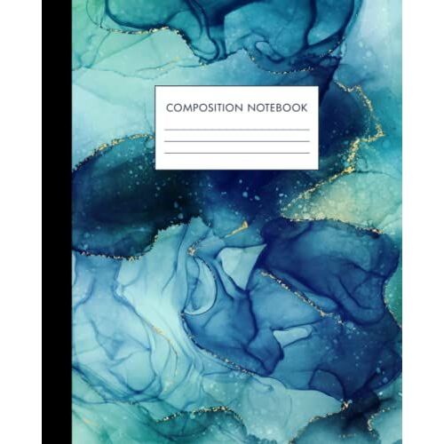Composition Notebook: Wide Ruled Paper - Blank Lined Journal - Workbook For Kids, Teens And Students - Pretty Blue And Gold Liquid Ink