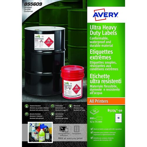 Avery Lot De 10 B5274-50s - 800 Étiquettes Ultra-Résistantes En Polyéthylène Étirable 52x74 Mm