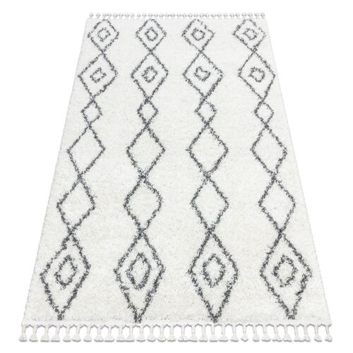 140x190 Cm Tapis Union 3374 Diamants, Chaîne Crème Et Gris Franges Berbère Marocain Shaggy