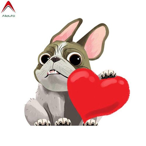 Autocollant De Voiture Chien De Dessin Animé, Autocollant De Voiture, Bouledogue Français Mignon, Fenêtre En Coeur, Moto, Style, Autocollant Étanche En Pvc, 13cm * 13cm