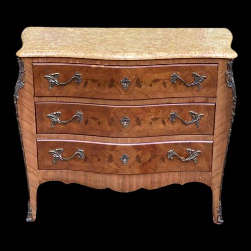 Commode Louis Xv Galbe En Marqueterie Et Marbre Beige Bois