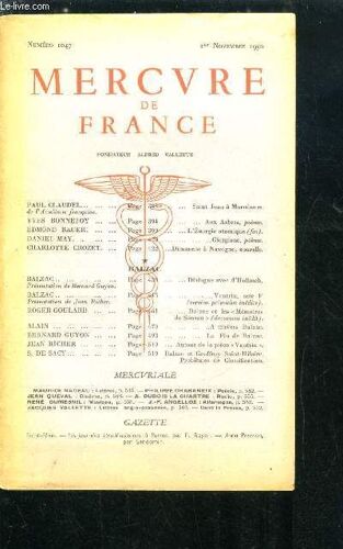 Mercure De France N° 1047 - Saint Jean A Maredsous Par Paul Claudel, Aux Arbres Par Yves Bonnefoy, L Énergie Atomique Par Edmond Bauer, Giorgione Par Daniel May, Dimanche A Navogne Par Charlotte(...)