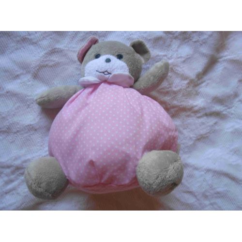 Peluche Doudou Ours Boule Musti Par Mustela Rose Et Gris À Pois Blancs