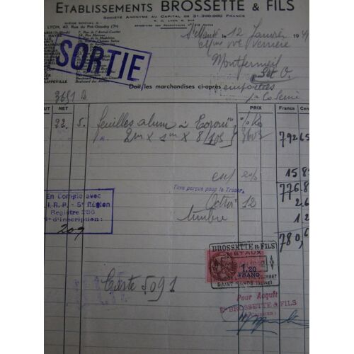 1 Timbre Fiscal (1.20 Fr) Sur Facture (Brossette & Fils) 1941