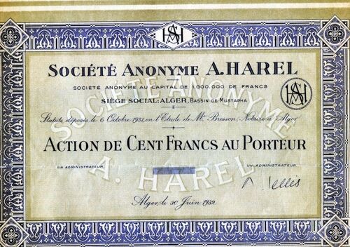 Société Anonyme A.Harel Action De 100 Francs 1932 Alger