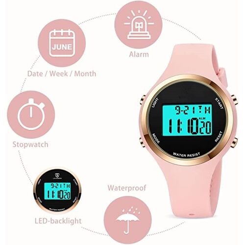 Montre Enfants Garçon, Fille Et Ado Digitale - Sport - Etanche Avec Alarme/Minuteur/Lumière Led - Rose