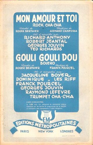 Double Partition Richard Anthony Robert Jeantal Mon Amour Et Toi / Jacqueline Boyer Les Riff Gouli Gouli Dou