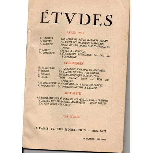 Études N°4 Avril 1955 Revue Fondée Par Des Pères De La Compagnie De Jésus