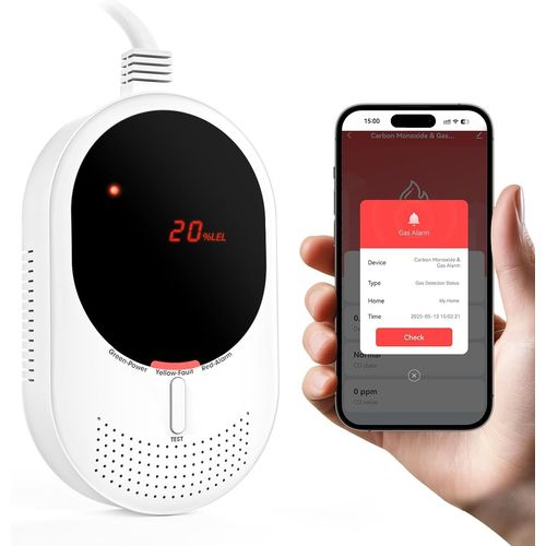 Wifi Détecteur De Gaz Et Monoxyde De Carbone Avec Écran Led,Certifié En50291 Et En50194,Compatible Alexa/Google Home App,Détecteur De Méthane Et Co Pour Cuisine,Chaufferie,Garage