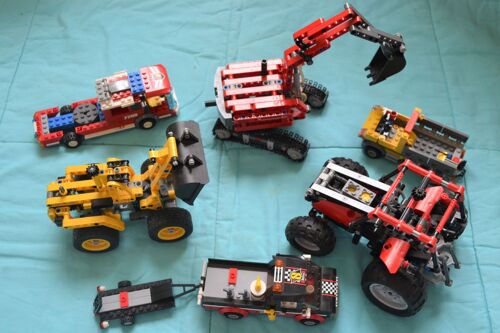 Lot LEGO 6 grosses pièces camion de pompier - tractopelle pelleteuse - bulldozer chargeuse - tracteur - voiture + remorque - ancienne collection briques de construction