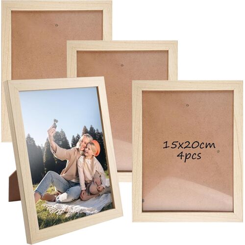 KALANKA-4 Pièces Cadres Photo,15x20cm Photo en Bois avec Passe-partout, Cadres Photo en Bois Véritable et Plexiglas, à Poser sur une Table ou à Suspendre au mur, pour Posters, Images, Tableaux et Déc