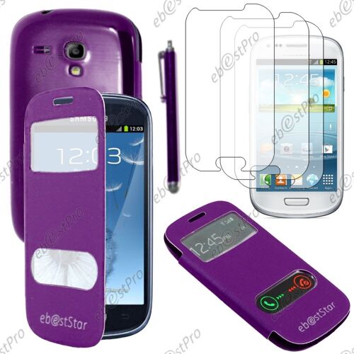 Ebeststar ® Housse Coque Etui Smart View Cover Type S-View Portefeuille Livre Pour Samsung Galaxy S3 Mini Gt-I8190, I8190n, Couleur Violet + Stylet 3 Film