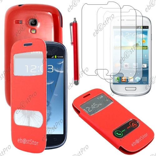 Ebeststar ® Housse Coque Etui Smart View Cover Type S-View Portefeuille Livre Pour Samsung Galaxy S3 Mini Gt-I8190, I8190n, Couleur Rouge + Stylet 3 Film