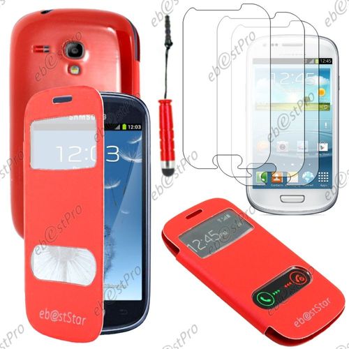 Ebeststar ® Housse Coque Etui Smart View Cover Type S-View Portefeuille Livre Pour Samsung Galaxy S3 Mini Gt-I8190, I8190n, Couleur Rouge + Mini Stylet 3 Film