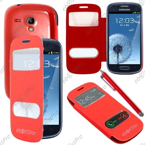 Ebeststar ® Housse Coque Etui Smart View Cover Type S-View Portefeuille Livre Pour Samsung Galaxy S3 Mini Gt-I8190, I8190n, Couleur Rouge + Stylet + Film Protection D'écran