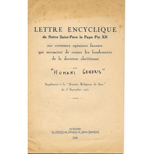 Humani Generis De Sa Sainteté Le Pape Pie Xii