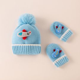Ensemble De Gants Chauds En Velours Pour Enfants, Imprimé Avion, Double Boule, Protection Des Oreilles De Bébé, Chapeaux Chauds D'automne En Peluche Solide