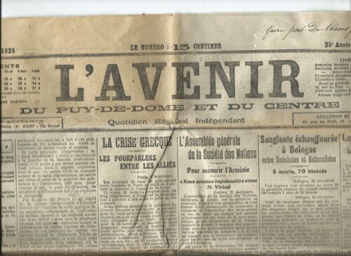 Journal L'avenir Du Puy De Dôme Et Du Centre 23/11/1920 La Crise Grecque, Les Projets D'avenir Du Général Wrangel, Le "Parti Républicain" Par P. Chanturgue