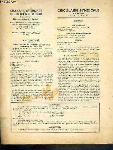 Chambre Syndicale De L'art Funeraire De France - Circulaire Syndicale - N°5 - Mai 1943 - Vie Syndicales, Compte Rendu De L'assemblée Generale Annuelle Du 10 Mai 1943, Chronique ...