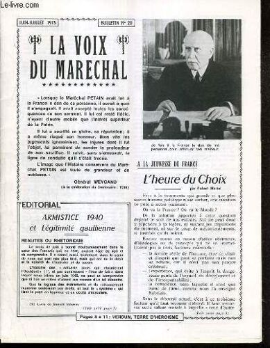 La Voix Du Marechal - Bulletin N° 20 - Juin-Juillet 1975 - À La Jeunesse De France, L'heure Du Choix, Armistice 1940 Et Legitimité Gaullienne, Une Constante De La Politique Anglaise...