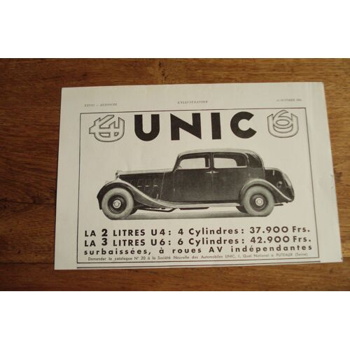 Publicité Automobiles Unic  Années 1930