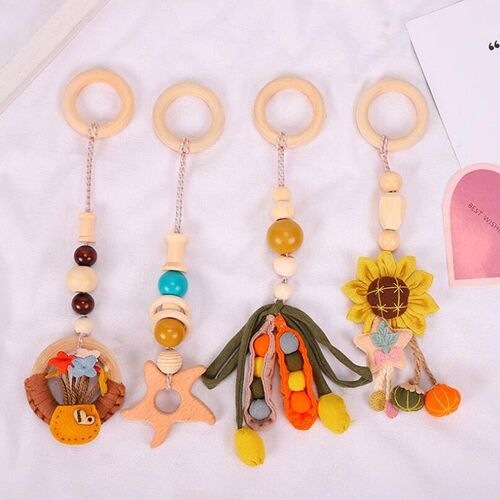 Anneau De Dentition En Bois Pour Bébé, 4 Pièces/Ensemble, Pendentifs Pour Poussette, Jouets, Cadeaux Pour Nourrissons