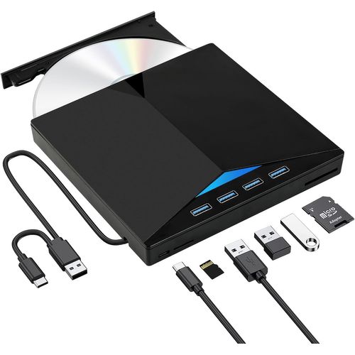 Lecteur CD/DVD Externe, USB 3.0 Graveur Enregistreur Portable, RW/ROM Mince Transmission Rapide Câble USB-pour PC, Laptop,Desktops,Windows7/8/10/11/XP/Vista/98 et Mac OS/Linux (Noir)