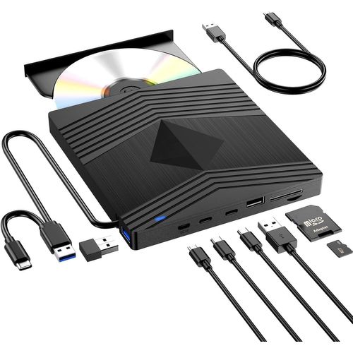 Lecteur CD/DVD Externe pour PC, USB 3.0 Graveur DVD Externe avec USB-A 2*USB-C et Fente SD/TF, Optiques Portable Lecteur CD DVD Externe pour Windows11/10/8.1/7 Mac Macbook Laptop Desktops Linux
