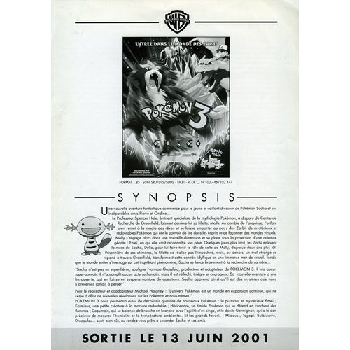 Pokémon 3 : Le Sort Des Zarbi, Synopsis Dépliant, Animation De Michael Haigney Et Kunihiko Yuyama