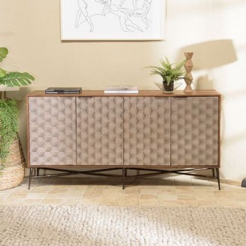 Buffet 4 Portes 163x40x81,5 Cm En Manguier Marron Et Argenté - Heloiz
