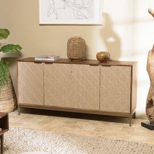 Buffet 4 Portes 160x40x78 Cm En Manguier Marron Et Doré - Heloiz