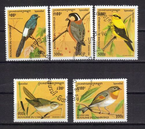 Cambodge 1996 : Faune : Oiseaux Divers Multicolores - Série De 5 Timbres Oblitérés