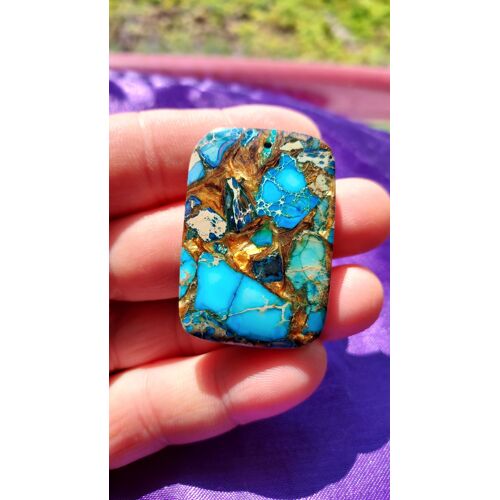 Pendentif Rectangle En Jaspe De Sédiments Marins - Bleu, Beige Et Doré, Avec De Magnifiques Reflets. 4.7 X 3.2 Cm. Lot 3017