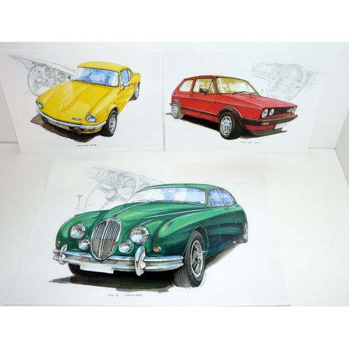 Jaguar Mk 2, Golf Gti Mk 1, Triumph Gt6, Lot De 3 Gravures